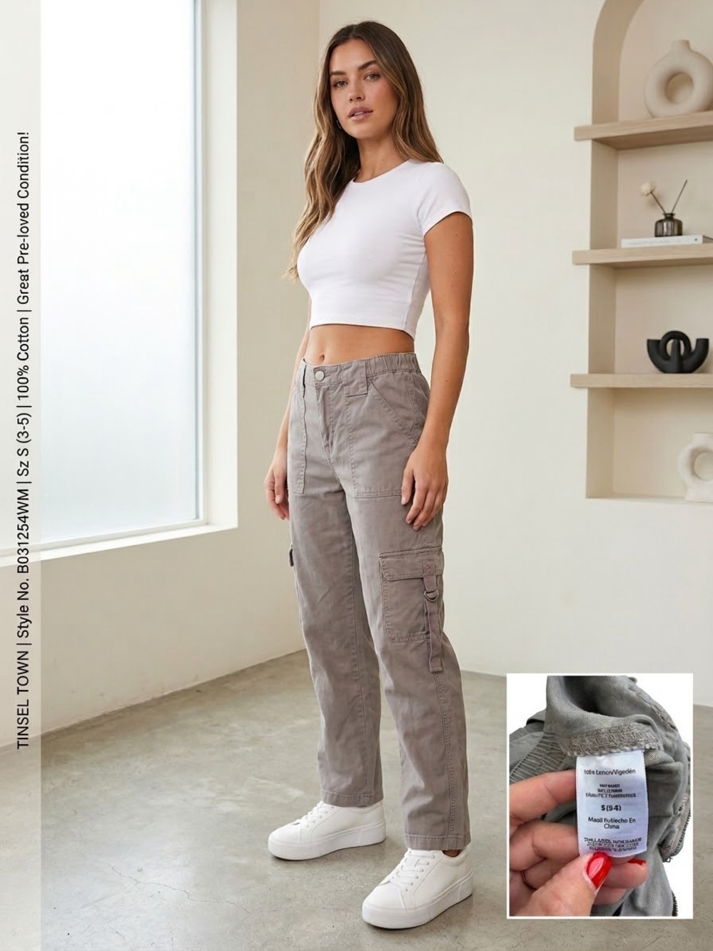 Tinsel Town Cargo Pants Y2K Streetwear Utility Pocket Cotton Gray Small